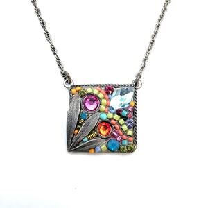 Vintage FIREFLY Mosaic Pendant Necklace Multicolor Crystals Square Boho 15" + 2"